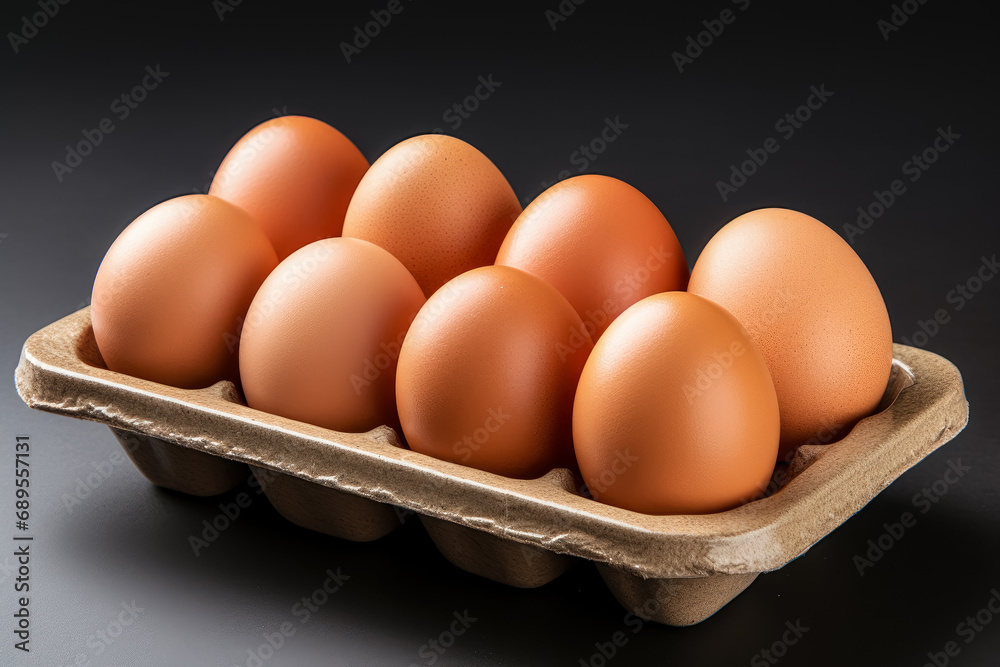 Fresh chicken eggs in a cardboard box. Generative AI. Fresh chicken eggs in a cardboard box. Generative AI.