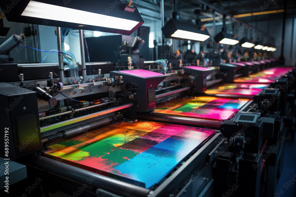 Modern printing press with color printing. Generative AI. Modern printing press with color printing. Generative AI.