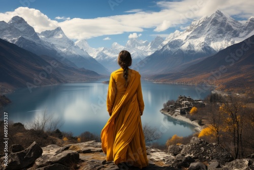 Indian Woman in Stunning Sari Amidst Majestic Himalayan Mountains and Serene Lake