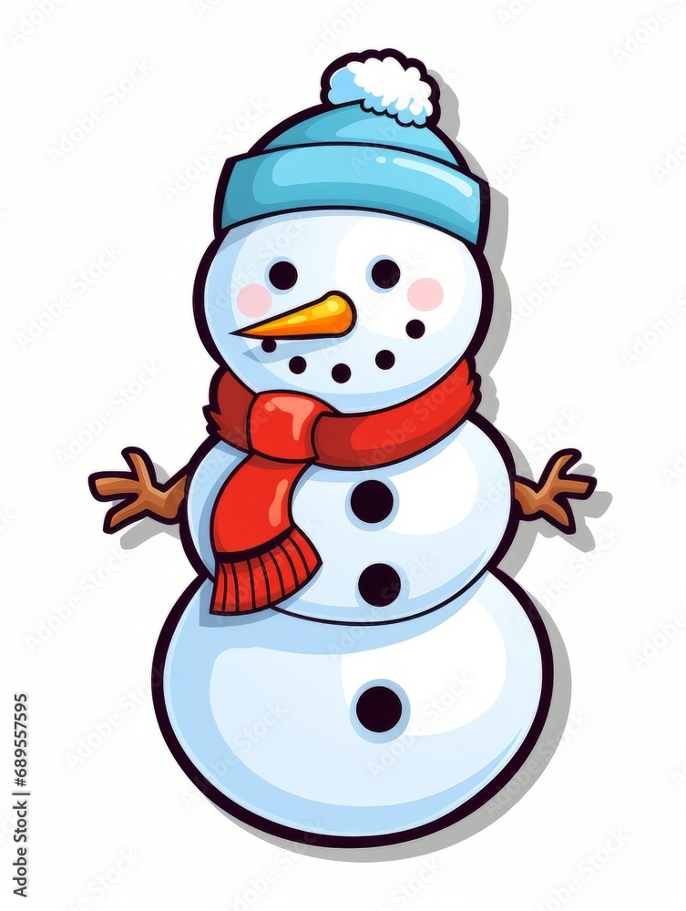 Snowman sticker with a scarf and hat on his head. The expression of a smile, AI Snowman sticker with a scarf and hat on his head. The expression of a smile, AI