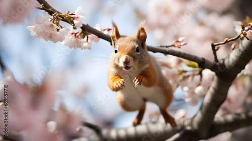A playful squirrel, with a blossoming tree in the background, during its acrobatic antics among the branches on a breezy spring day