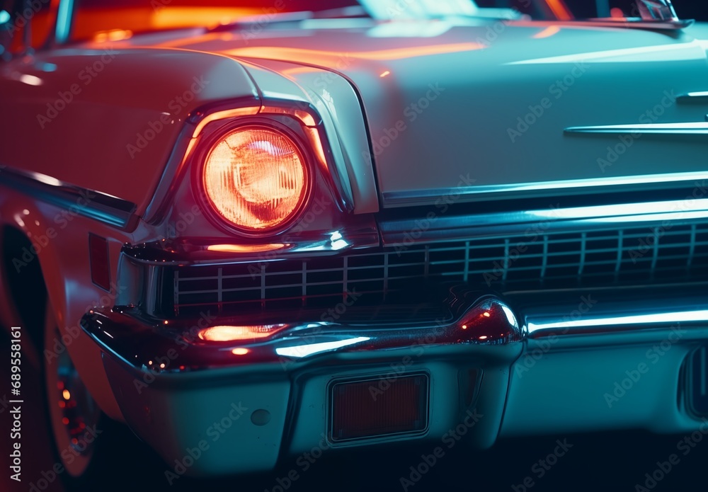 Classic vintage retro American sports car driving the street with neon glowing lights with film color filter effect. Generative AI