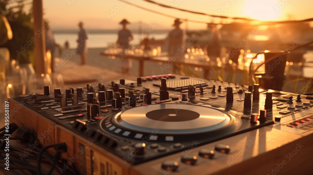 Dj console with beers and cocktails at the beach party Dj console with beers and cocktails at the beach party