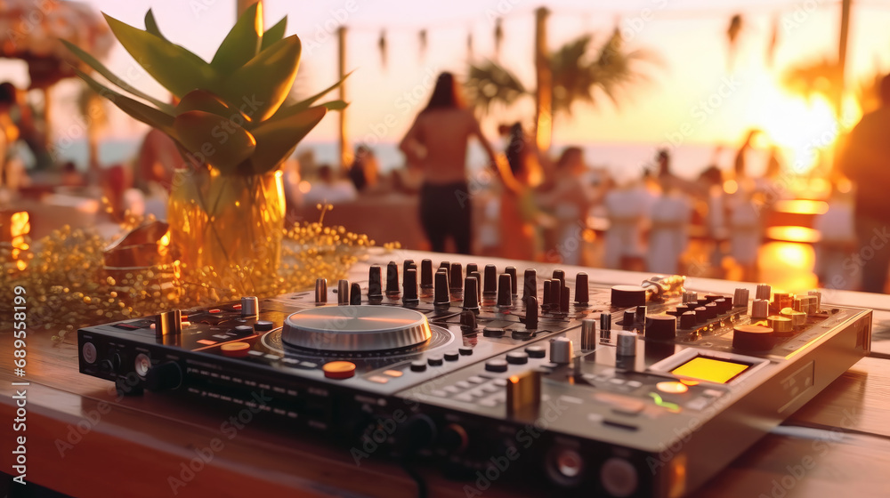 Naklejka premium Dj console with beers and cocktails at the beach party
