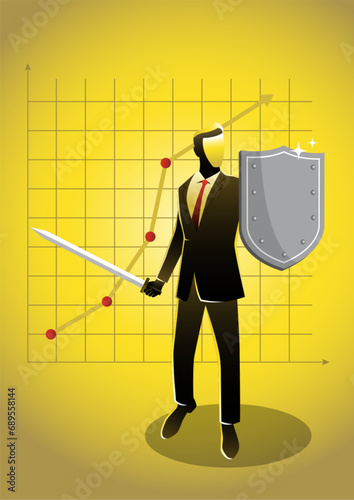 Businessman holding a sword and shield