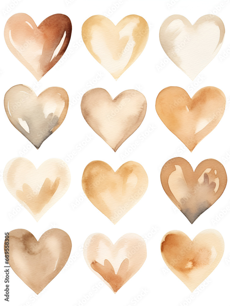 Seamless pattern of beige watercolor hearts on white background 