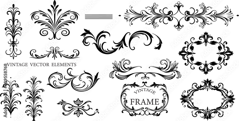 vintage frames and scroll elements. Classic calligraphy swirls, swashes, dividers, floral motifs. Good for greeting cards, wedding invitations