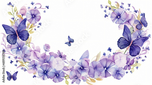 Purple watercolor flower wreath with butterflies