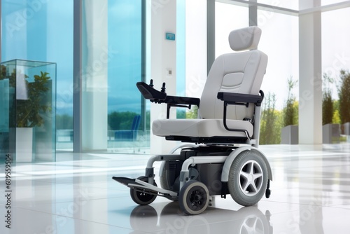 Modern electric wheelchair in hospital. Medical care. Collapsible wheelchair in empty corridor. Copy space.