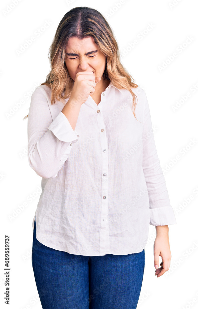 Young caucasian woman wearing casual clothes feeling unwell and coughing as symptom for cold or bronchitis. health care concept. Young caucasian woman wearing casual clothes feeling unwell and coughing as symptom for cold or bronchitis. health care concept.