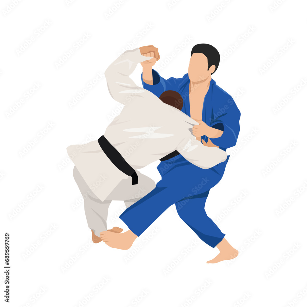 Athlete judoist, judoka, fighter in a duel, fight, match. Judo sport, martial art. Flat vector illustration isolated on white background