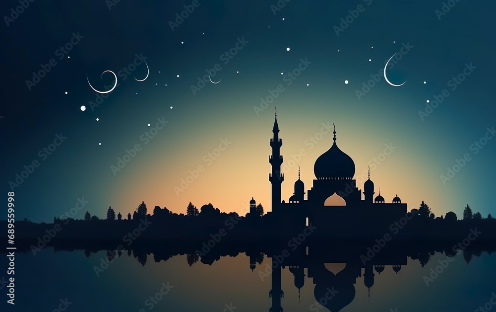 Happy Ramadan poster. Black sophisticated silhouette, gradient. Islamic holiday banner with muslim temple, moon, mosque silhouette on gold night background. AI Generative.