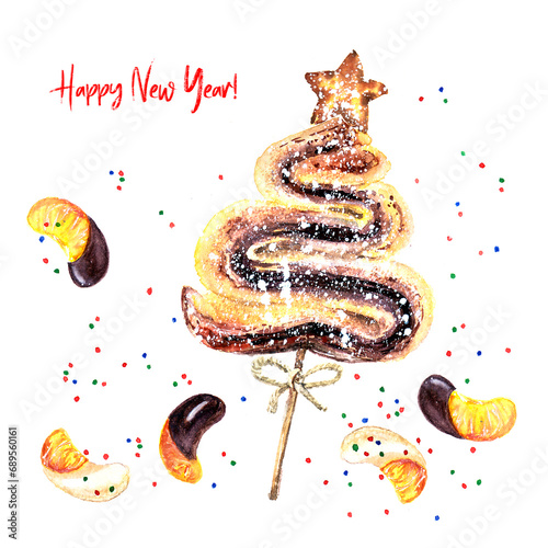 New Year greeting card with pastries and tangerine slices in glaze