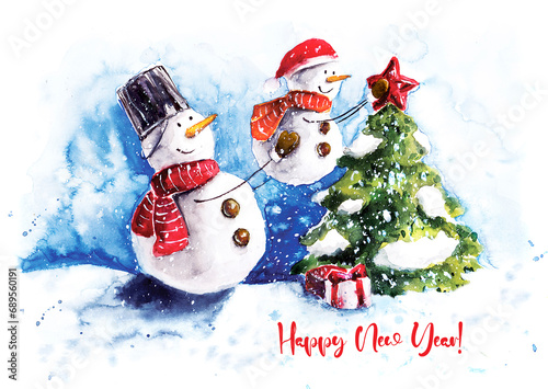 New Year greeting card with snowmen and Christmas tree on a background of snow