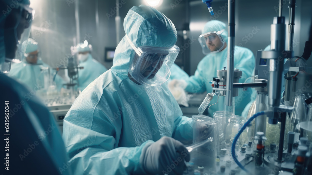 Workers wearing protective clothing are making medicine in a Pharmaceutical factory Workers wearing protective clothing are making medicine in a Pharmaceutical factory