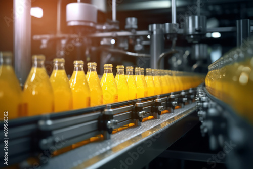 Production line fills glass bottles with vibrant yellow beverages. Conveyor belt. Generative AI