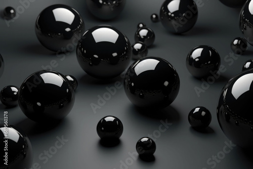 Shiny balls in different sizes on black background. Abstract glossy bubbles. Composition with chaotic floating spheres. Generative AI