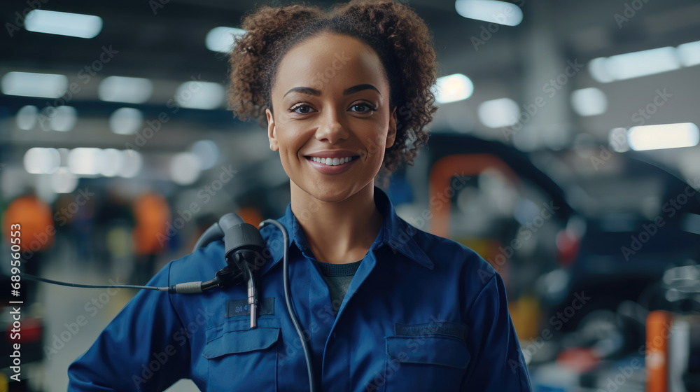 A cheerful and smiling female mechanic with a workshop background A cheerful and smiling female mechanic with a workshop background