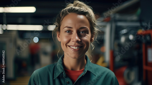 A cheerful and smiling female mechanic with a workshop background © didiksaputra