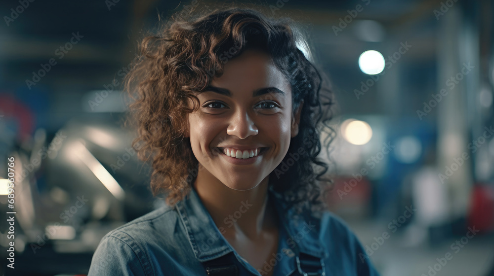 Fototapeta premium A cheerful and smiling female mechanic with a workshop background