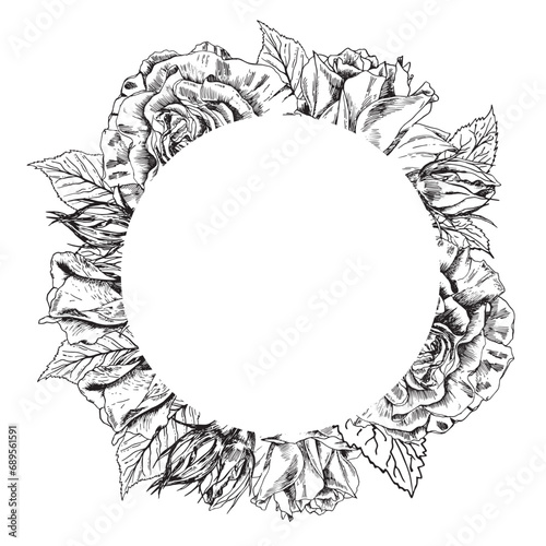Roses flowers wreath. Vector border frame. . Hand drawn sketch artwork. Love bohemia concept for wedding invitation, card ticket, branding, boutique logo label. Black and white