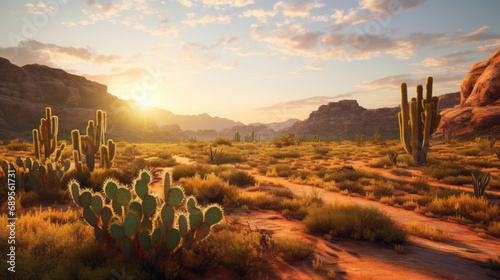 Cactus in the desert at sunrise
