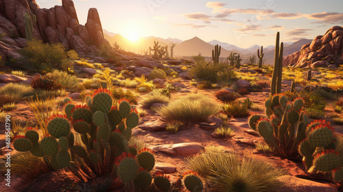 Cactus in the desert at sunrise photo