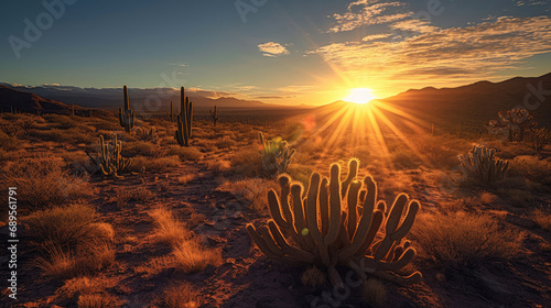 Cactus in the desert at sunrise photo