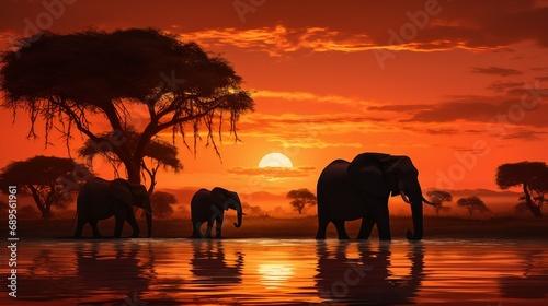 Impressive African Elephants Silhouetted Against the Sunset © Flowstudio