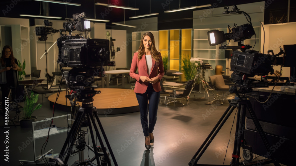 Beautiful female TV news anchor in news studio - obrazy, fototapety, plakaty 