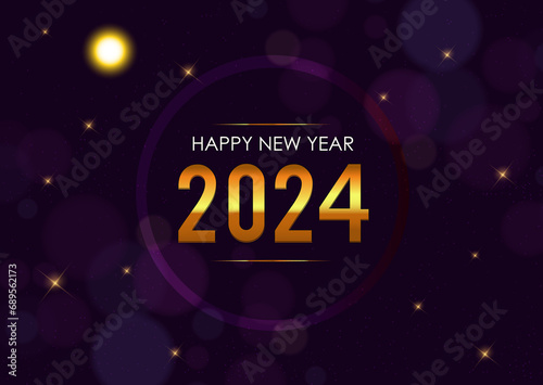 Happy New Year 2024 With stars, sun and galaxies. Beautiful web banner or flyer and number 2024 in Golden colour