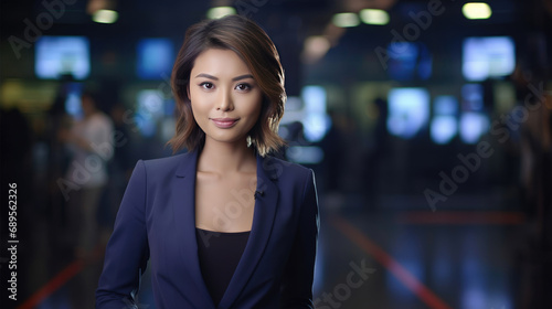 Beautiful female TV news anchor in news studio