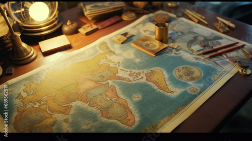 Antique nautical map on a table with various navigation tools