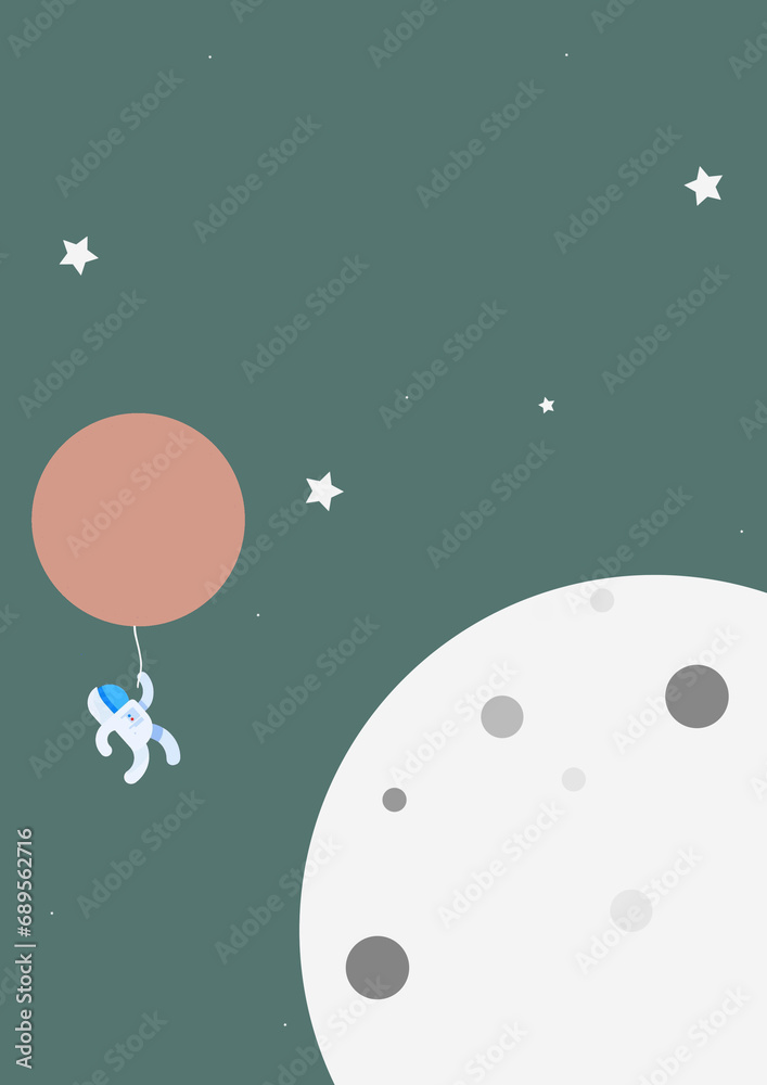 spaceman with balloon and moon