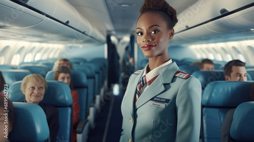 A woman works as a flight attendant on a passenger plane photo