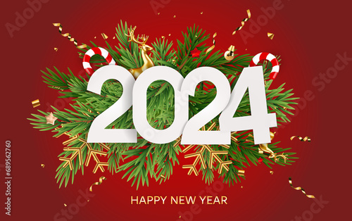Happy New Year 2024 With Red Background. Beautiful web banner or flyer and number 2024