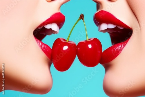 Close-up of two open-mouthed women with red lipstick touching cherries. Vivid blue background.