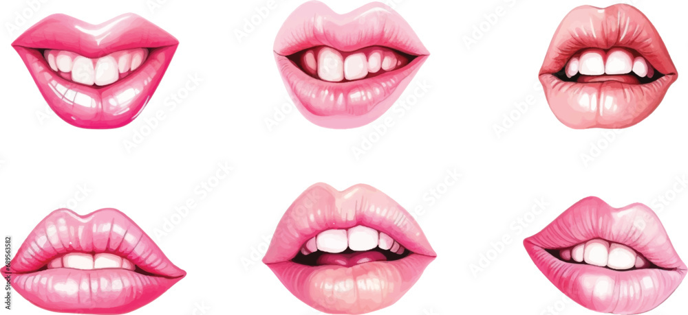 Obraz premium Realistic bright sexy female lips in watercolor. Set of illustrations on a white background
