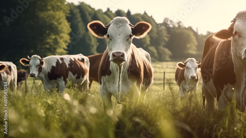 Close - up of a herd of bulls feeding on a green field in the morning