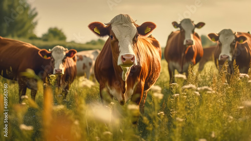 Close - up of a herd of bulls feeding on a green field in the morning