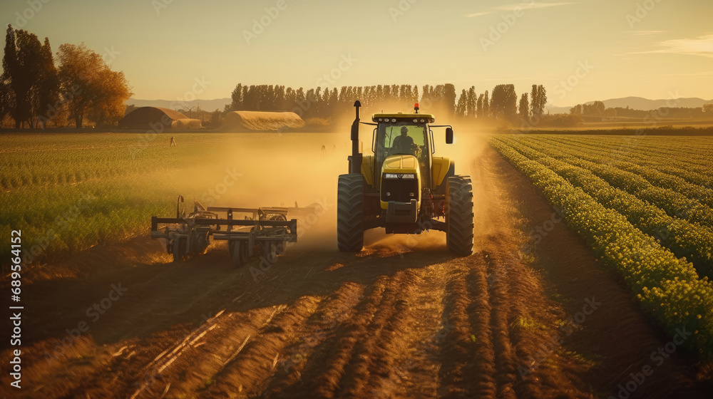 Fototapeta premium Agricultural tractor spraying plants in the morning sunlight