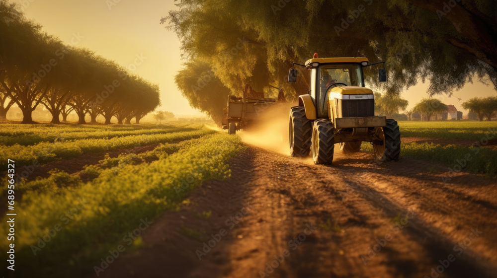 Fototapeta premium Agricultural tractor spraying plants in the morning sunlight