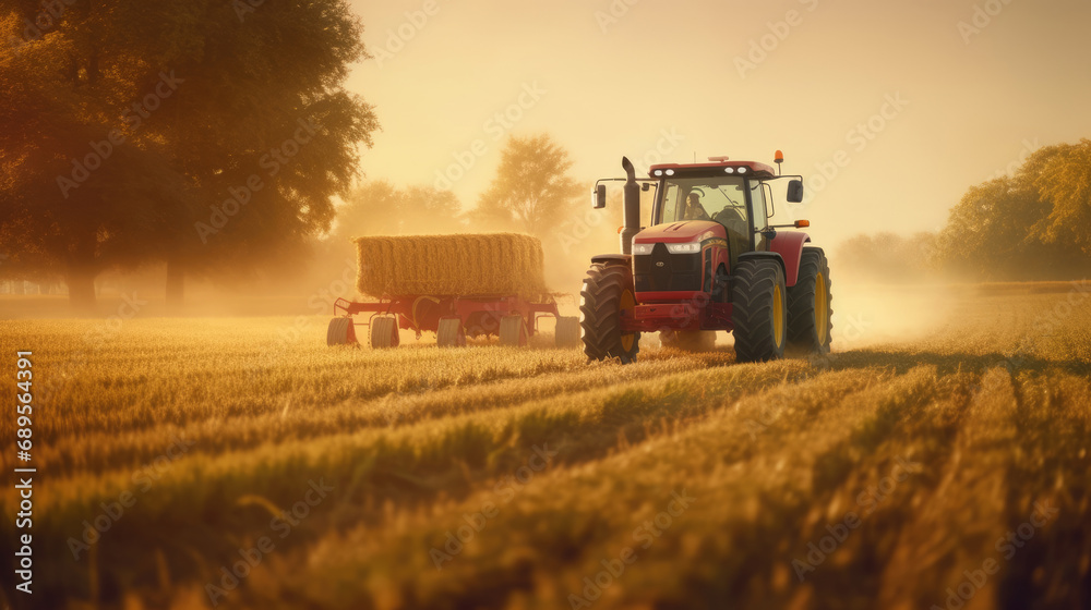 Fototapeta premium Agricultural tractor spraying plants in the morning sunlight