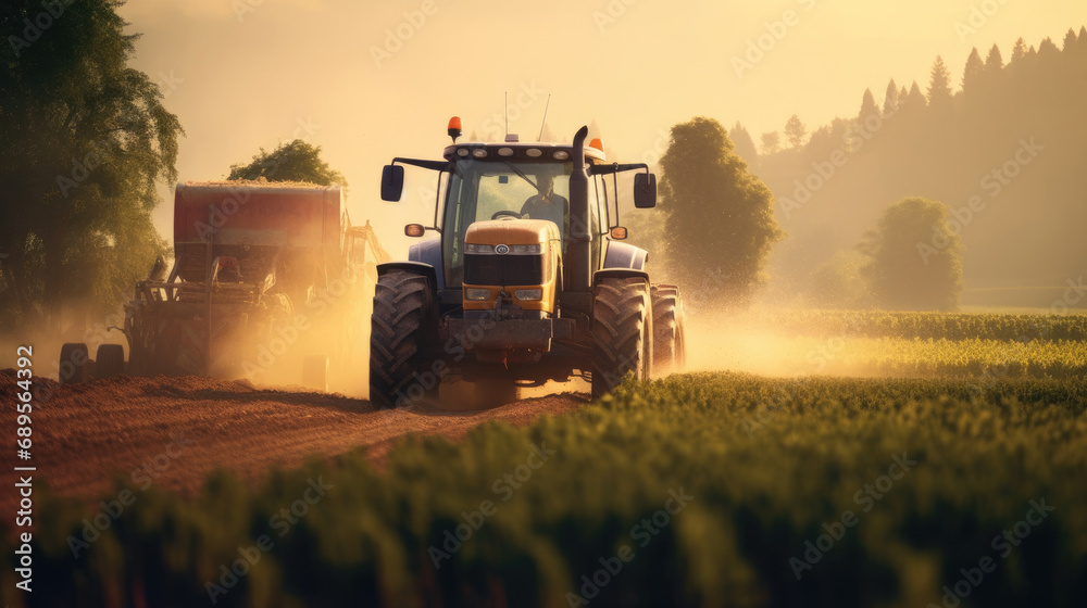 Fototapeta premium Agricultural tractor spraying plants in the morning sunlight