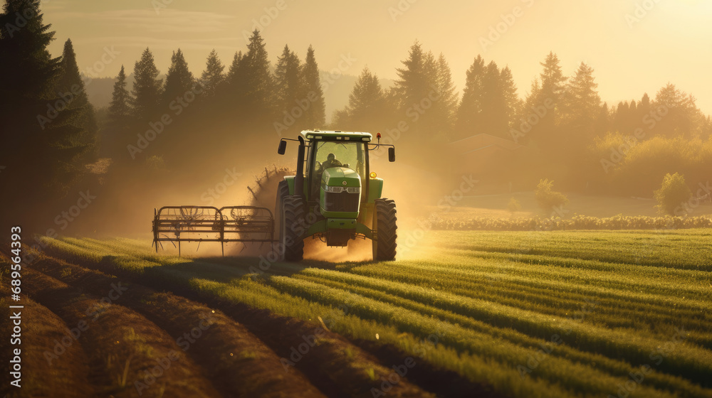 Agricultural tractor spraying plants in the morning sunlight Agricultural tractor spraying plants in the morning sunlight