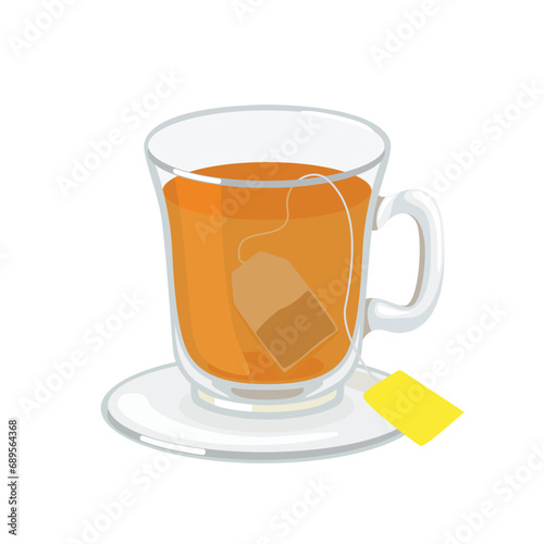 Glass tea cup with tea bag. Cup of tea and saucer isolated on white background. Vector cartoon flat illustration. Hot drink icon.