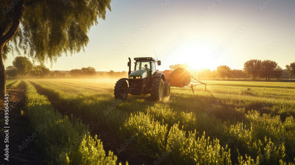 Agricultural tractor spraying plants in the morning sunlight - obrazy, fototapety, plakaty 