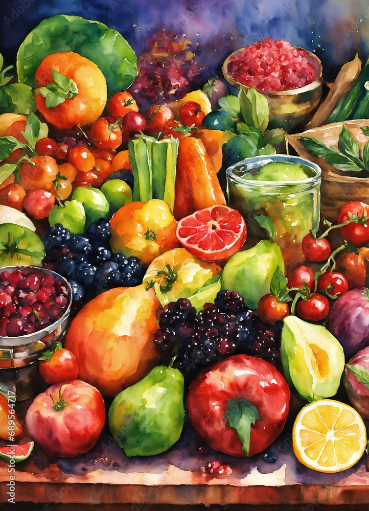 フルーツ、野菜、水彩画、背景｜fruit, vegetables, watercolor, background. Generative AI