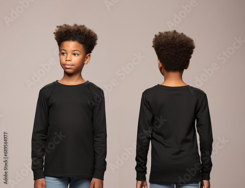 Front and back views of a little boy wearing a black long-sleeve T-shirt