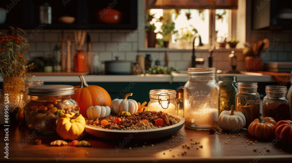 A kitchen adorned with seasonal delights like pumpkins and leaves